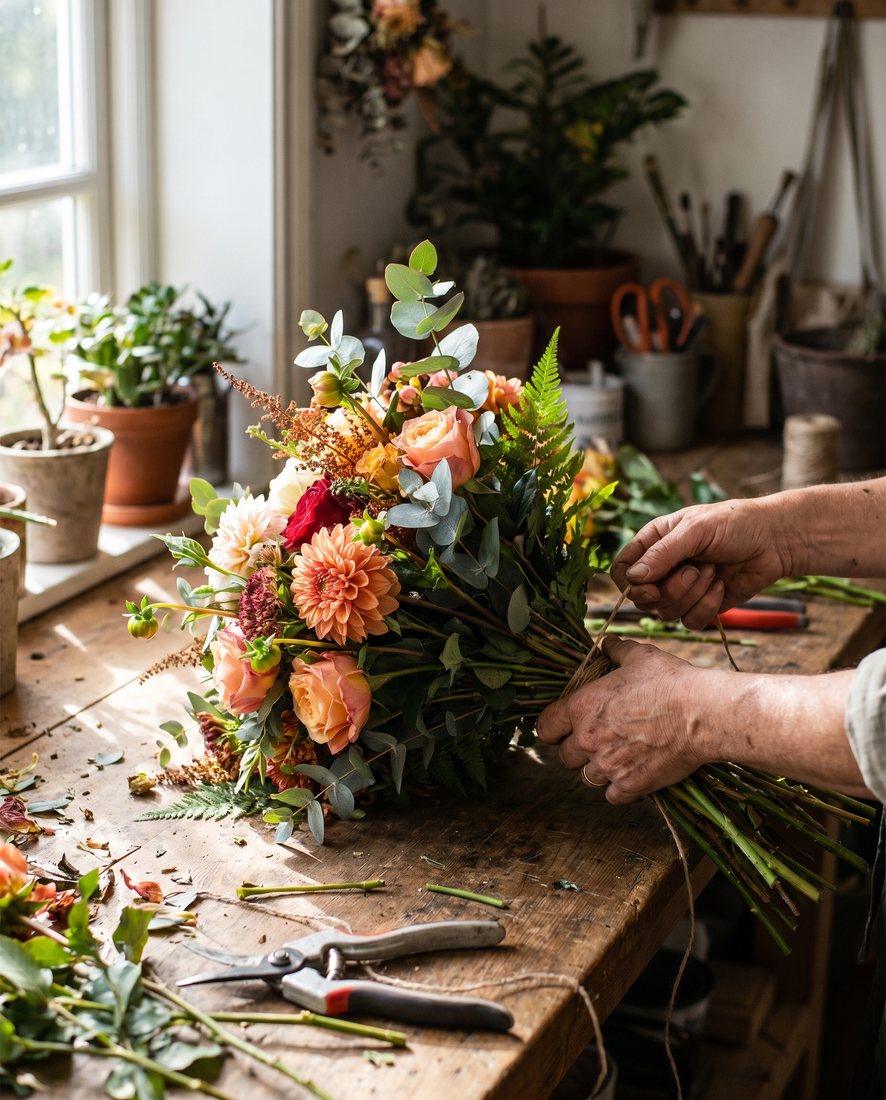 Handen die een vers boeket met tulpen, rozen en eucalyptus binden