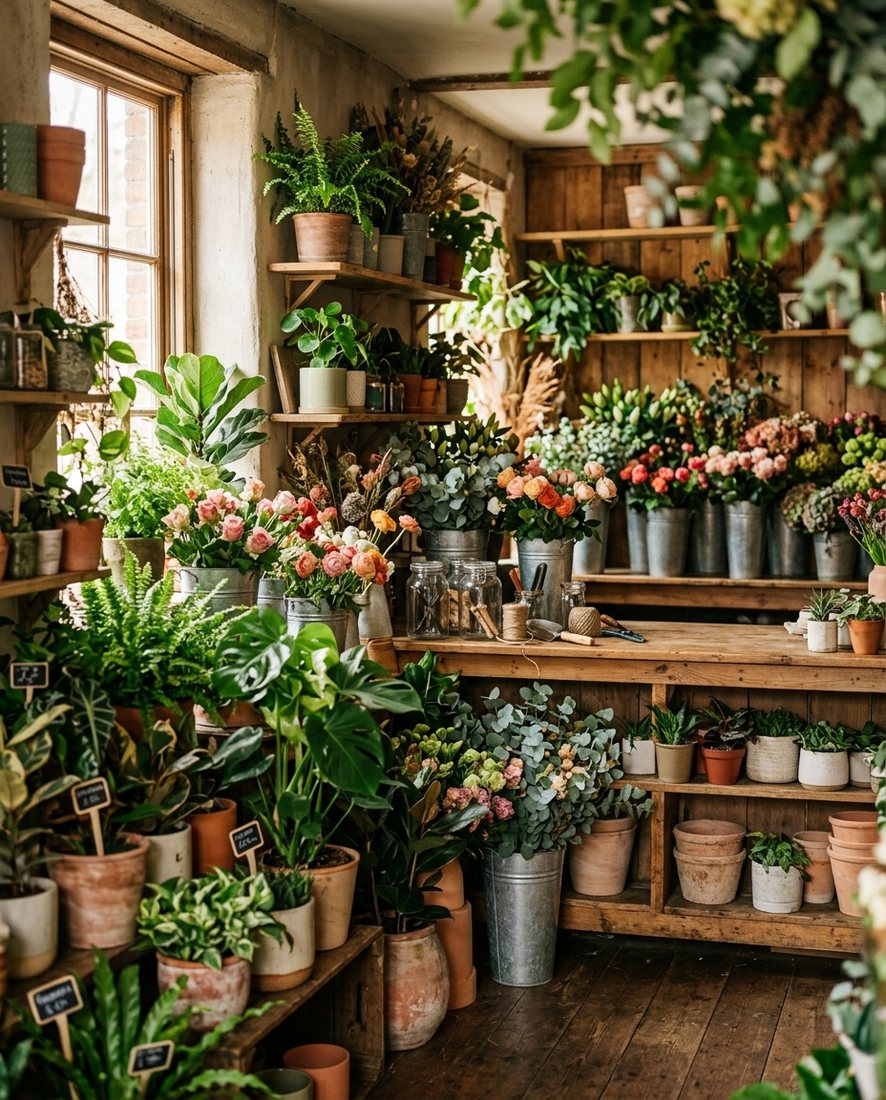 Gezellige bloemen- en plantenwinkel met houten schappen vol verse bloemen en planten