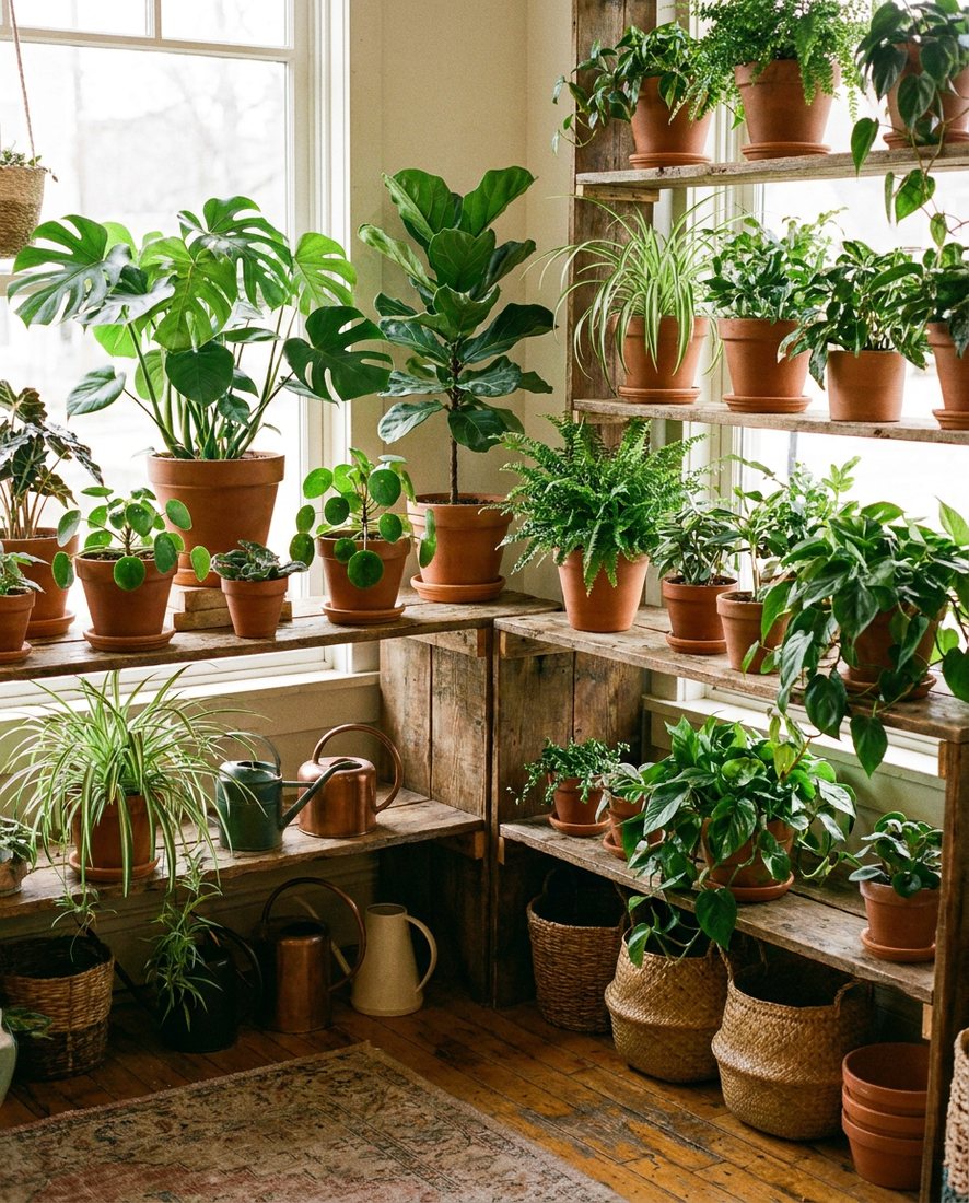 Groene planten op houten schappen in een gezellige winkel