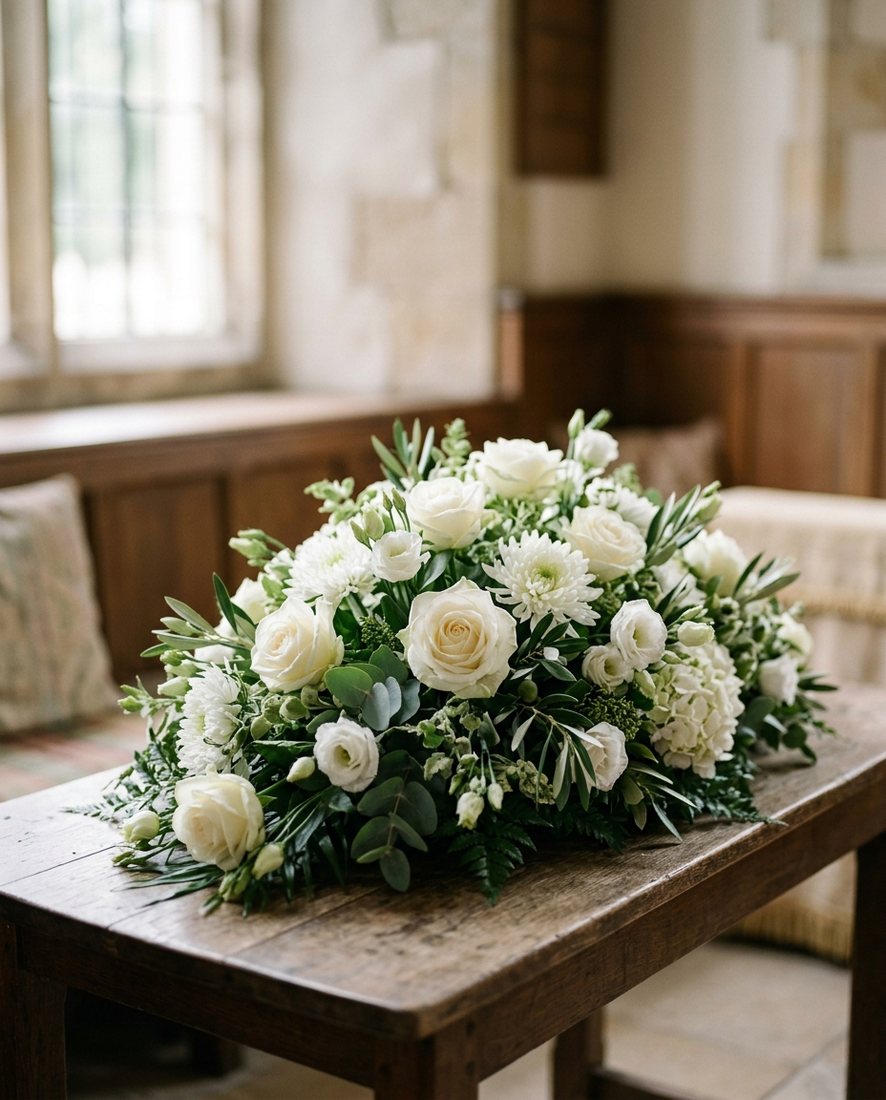 Rouwarrangement met witte rozen en een zijden lint op een houten tafel